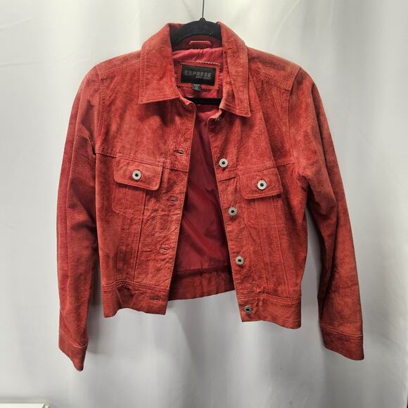 Vtg Y2K Express 100% Genuine Suede Moto Jacket Button Down XS Red Biker - Picture 7 of 10